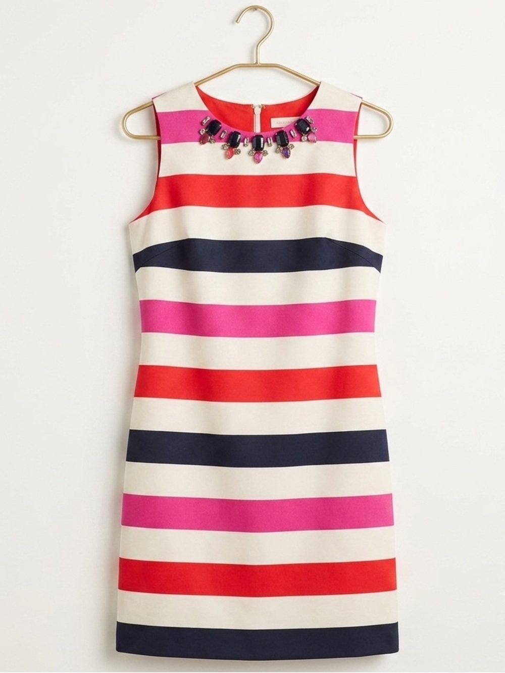 Vince Camuto Bold Striped Sheath Pink, Navy, White, Orange sz 12 Jewels at Neck